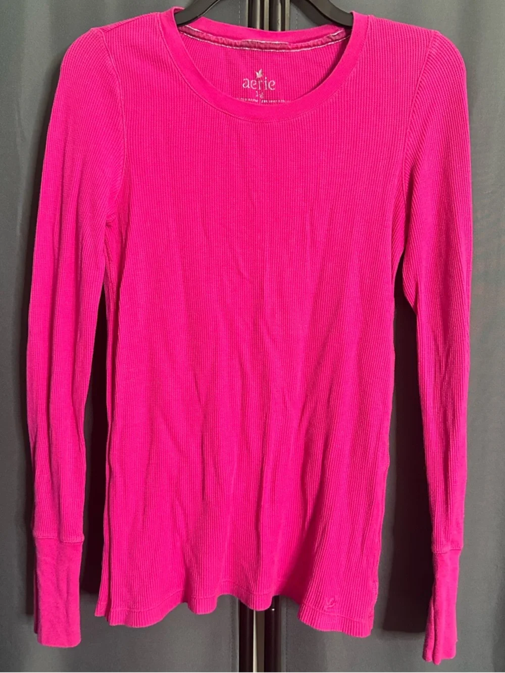 aerie Bright Pink Long-Sleeve Waffle-Knit Crewneck Top